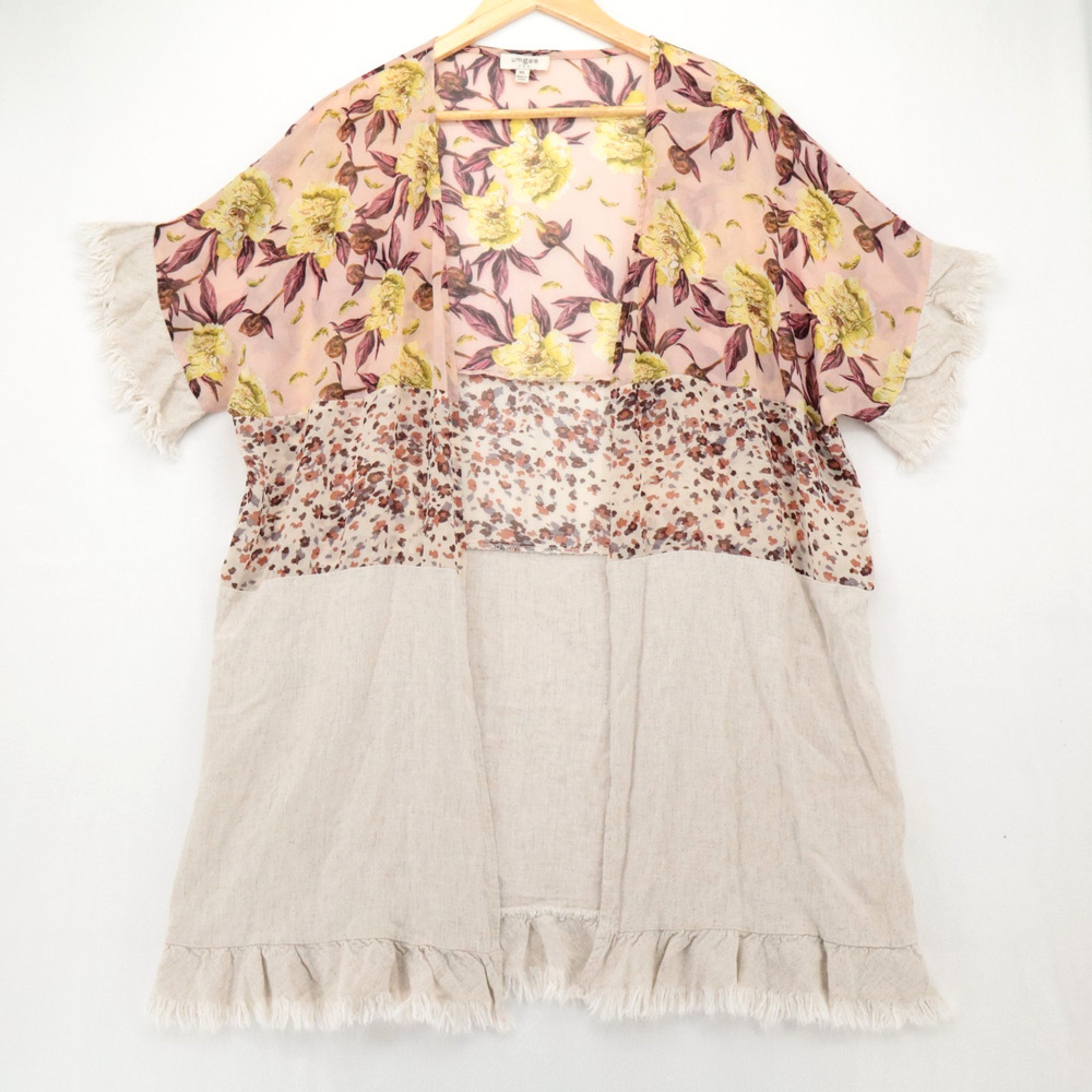 UMGEE Sz M/L Open Front Linen Blend Kimono Short Sleeve Floral Raw Hem Womens